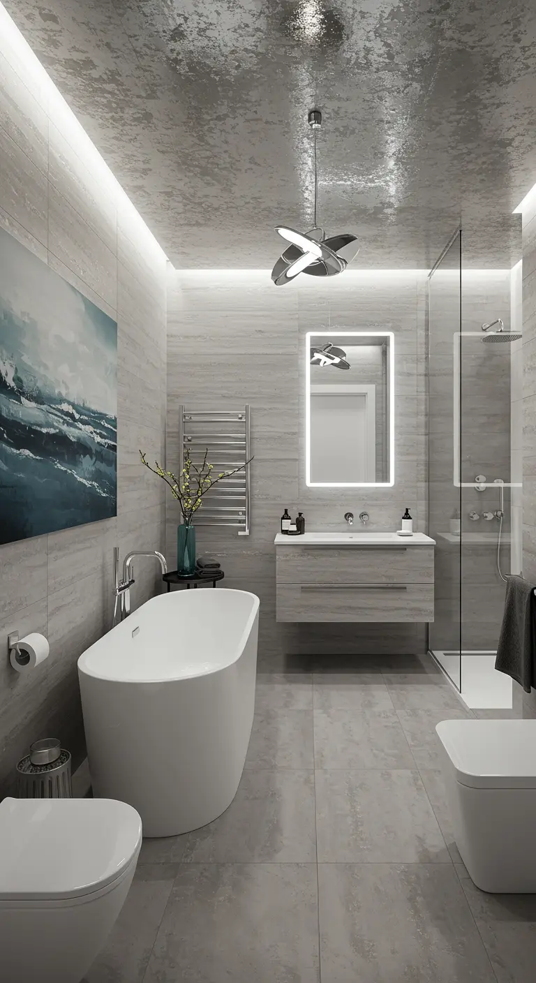 Moderne badkamer met een zilver-grijs plafond met textuur.