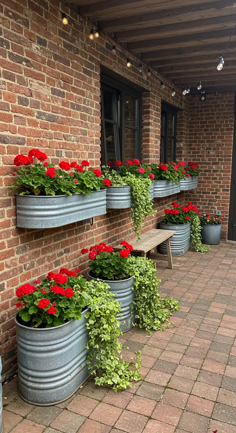 Rode geraniums en overhangend groen in gelaagde zinken bakken tegen een rode bakstenen muur.