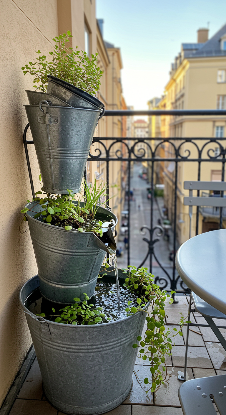 Gestapelde zinken emmers vormen een verticale waterval-minivijver op een balkon.