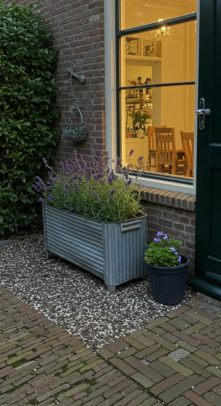 Oude zinken teil gevuld met bloeiende lavendel, naast een buitendeur.