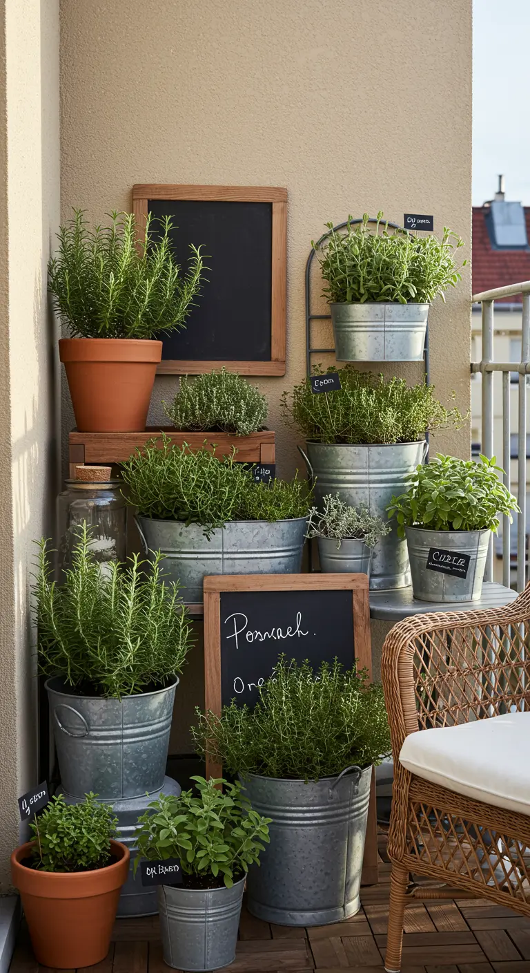 Verzameling kruiden in zinken emmers en potten, gestyled met krijtbordjes op een balkon.