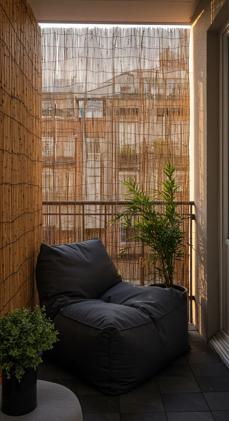 Grote donkergrijze zitzak op balkon met bamboematten en een groene plant.