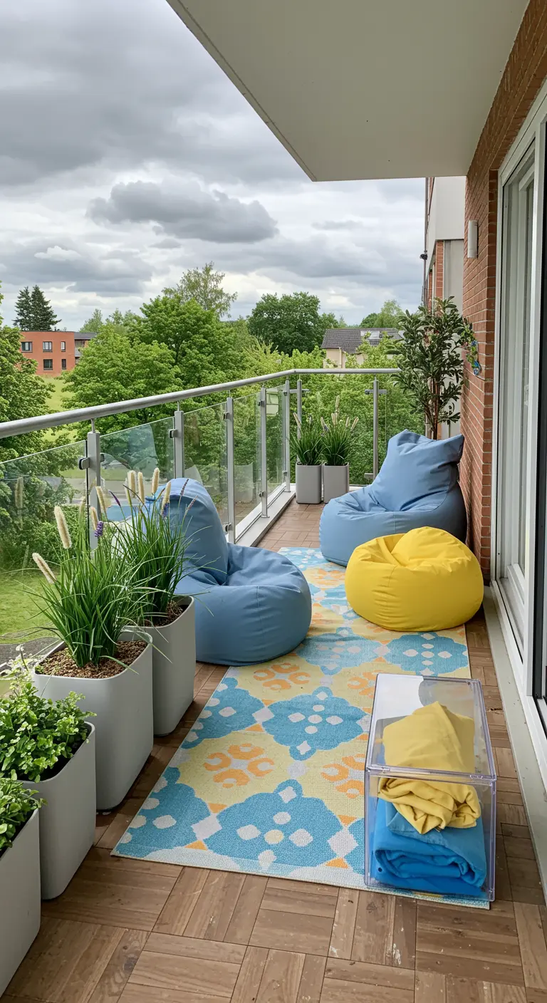 Balkon met glazen balustrade, kleurrijke zitzakken, buitentapijt en transparante opbergbox.