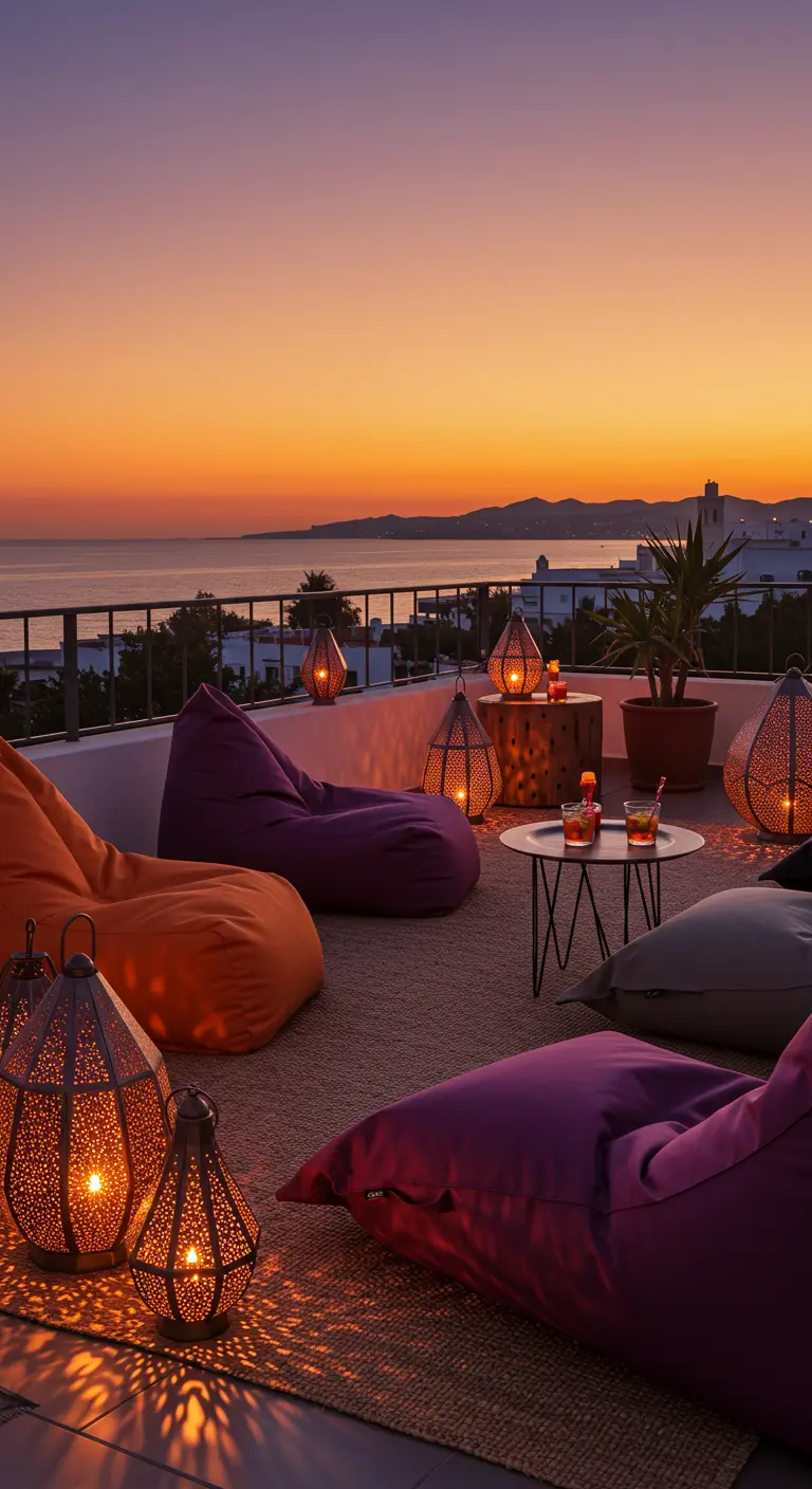 Balkon met kleurrijke zitzakken, lantaarns en uitzicht op zonsondergang boven zee.