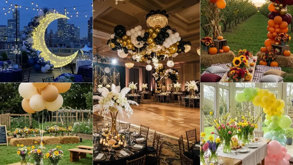 Bloemen en ballonnen decoratie ideeen: een collage van feestelijke arrangementen.