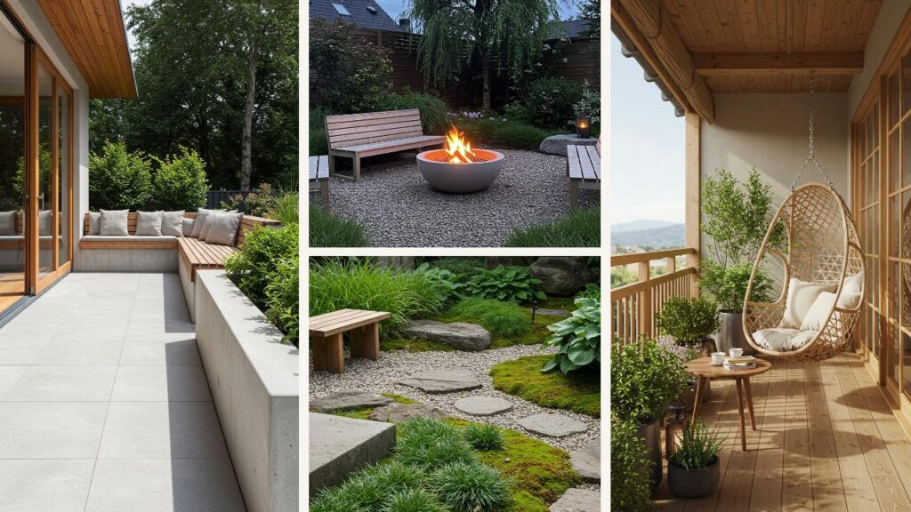 Japandi tuin ontwerp: serene terrassen, een vuurplaats en een relaxte hangstoel.