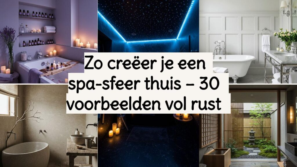 Collage van rustgevende badkamers: kaarsen, bad, luxe interieur voor een spa-sfeer thuis.
