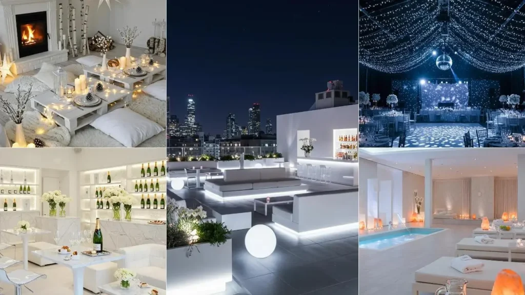 Inspiratie voor een feest met enkel wit licht: sfeervolle settings met witte decoratie en heldere verlichting.