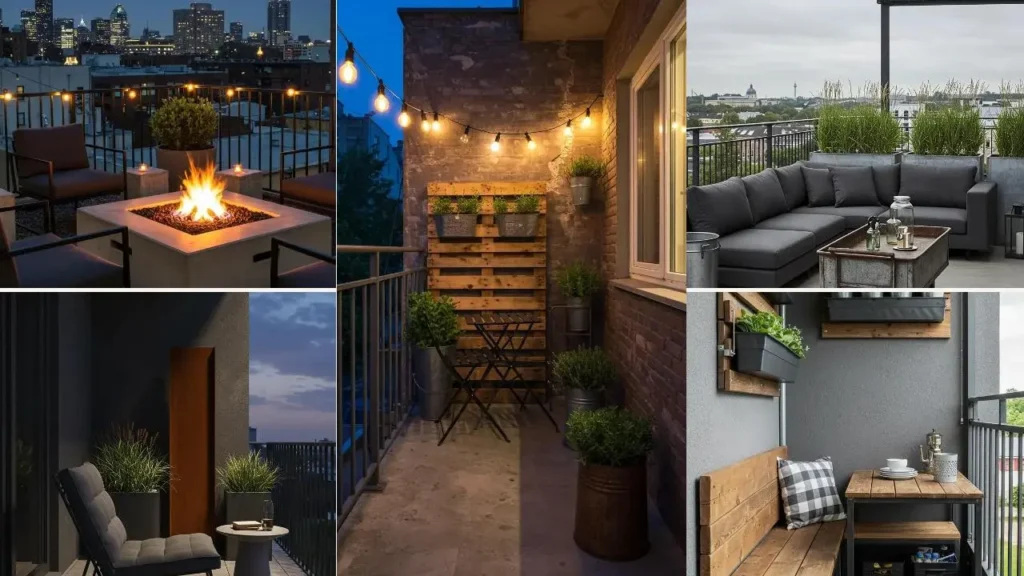 Industriële balkons: sfeerverlichting, stalen plantenbakken en robuuste meubels voor een stoere touch.