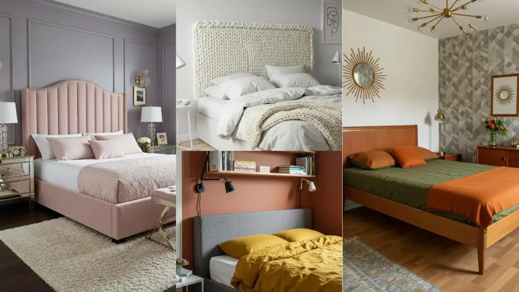 Collage van 4 unieke, opgeknapte IKEA bedframes. Creatieve DIY slaapkamer upgrades.