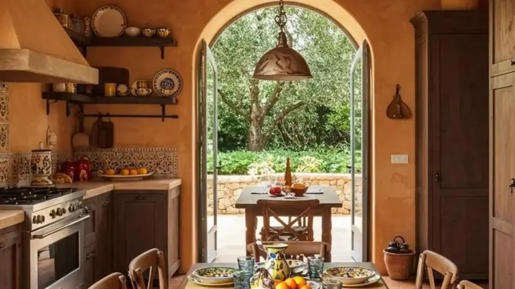 Landelijk servies in een warme keuken met uitzicht op een groene tuin.