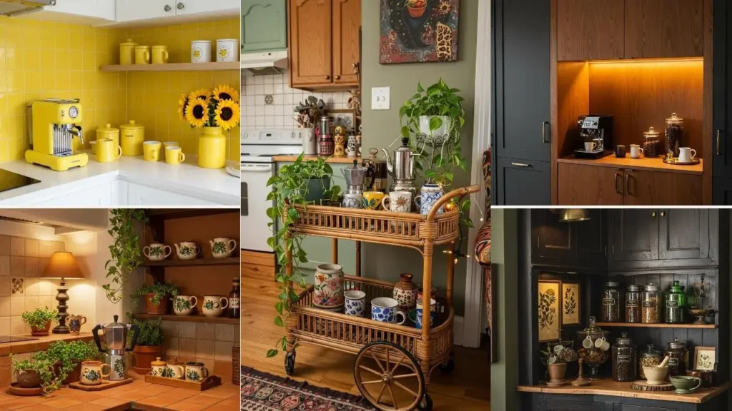Gezellige koffiecorners: Een collage van keukens met koffiemachines, mokken en decoratieve koffie accessoires.