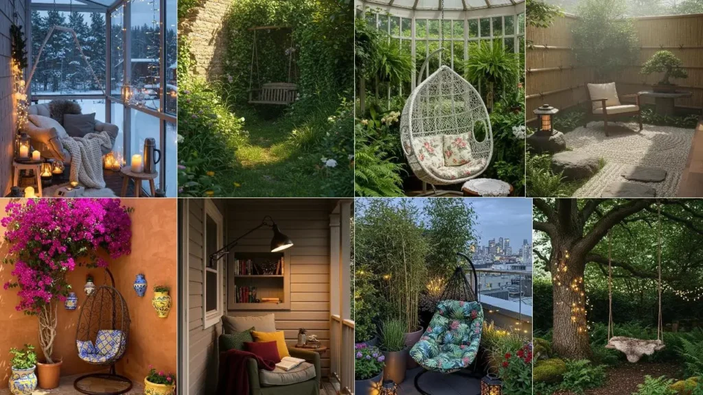 Diverse hoekjes omgetoverd tot hangstoel nestjes, variërend van balkon tot tuin.