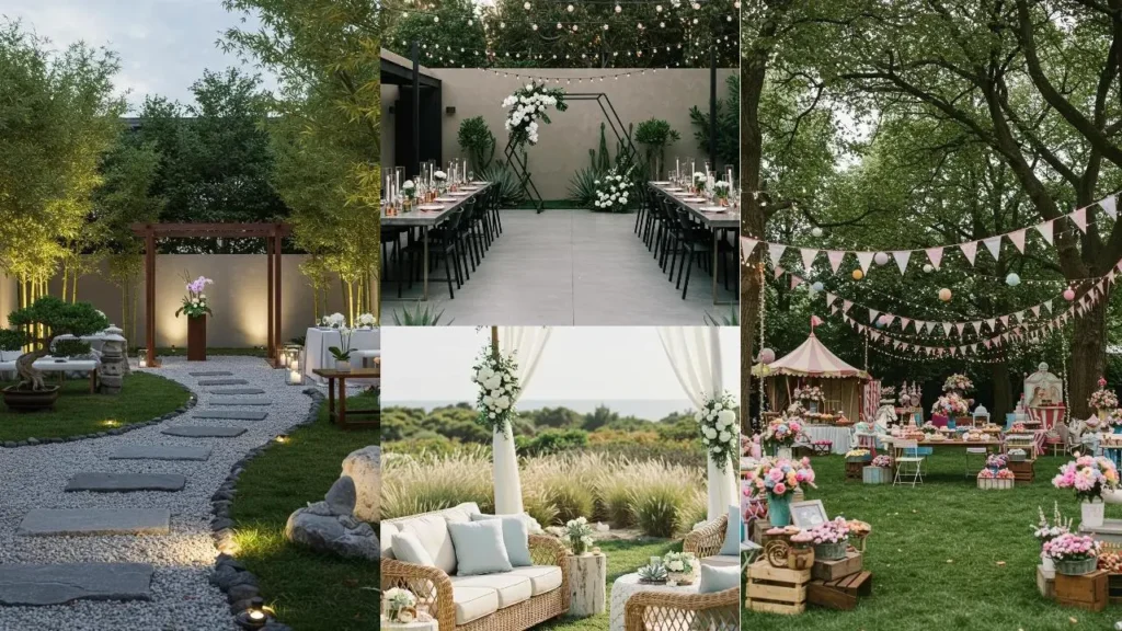Meerdere voorbeelden van prachtig ingerichte tuinen als trouwlocatie met tafels, decoratie en sfeer.