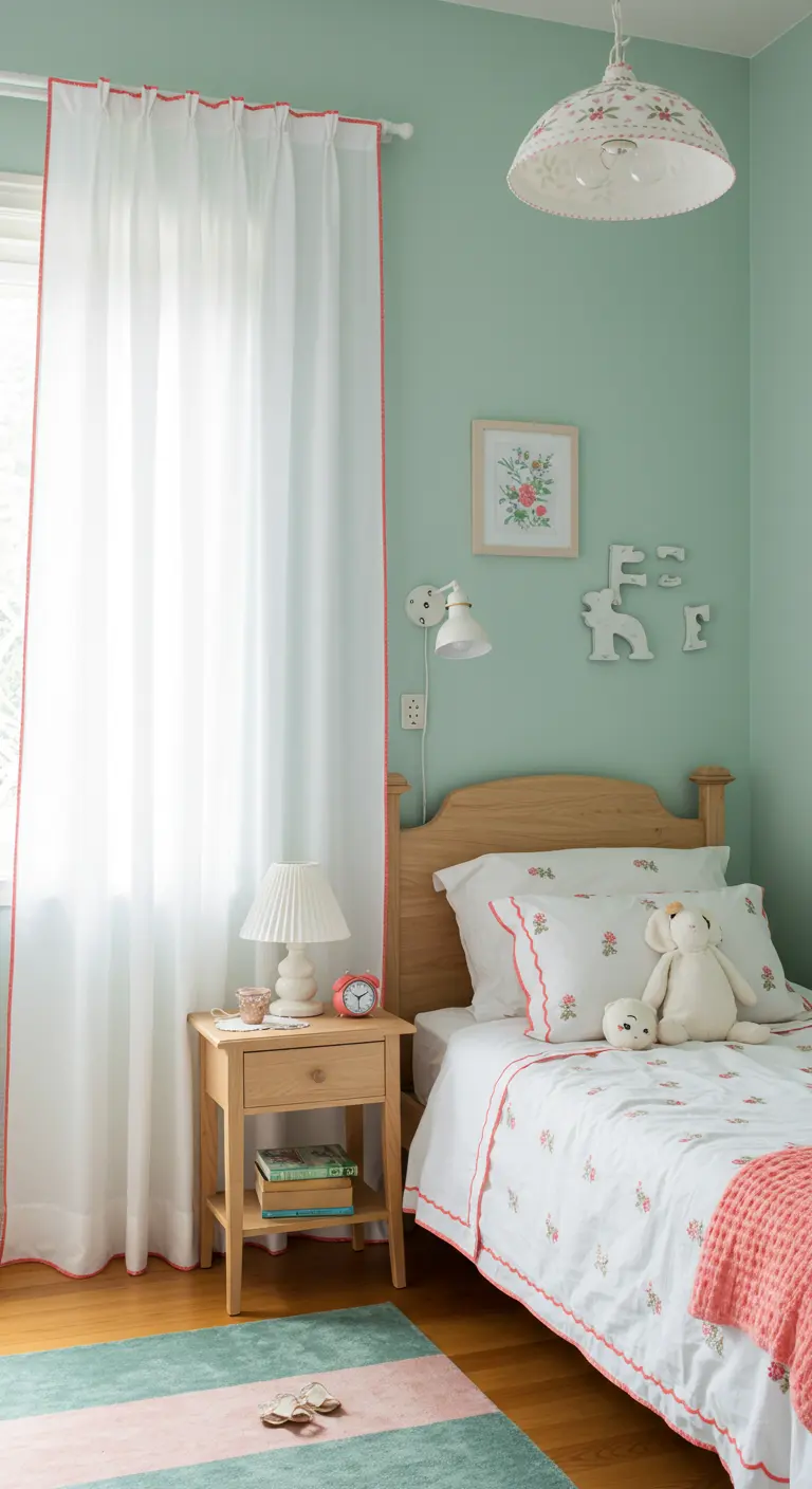 Kinderkamer met witte gordijnen met koraalroze biesje.