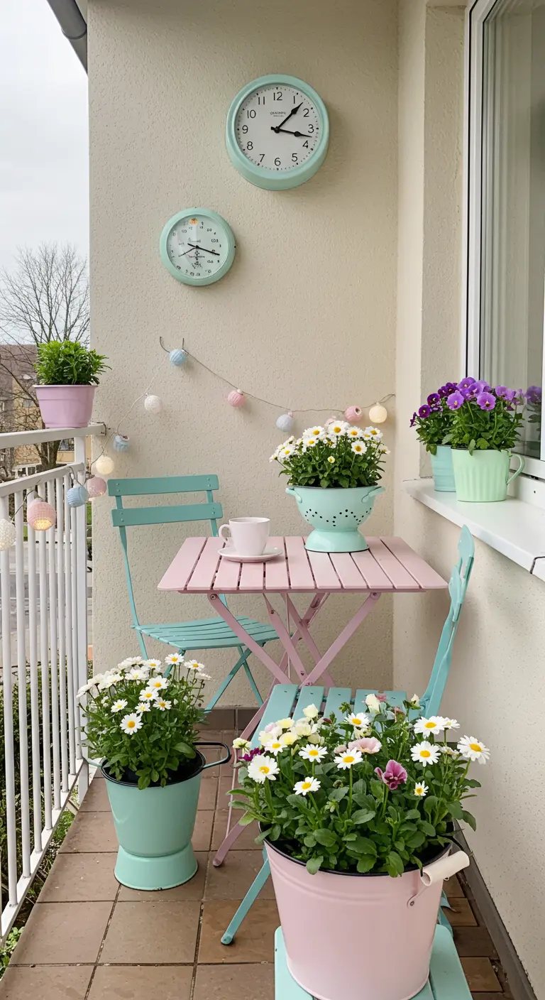 Pastelkleurig balkon met mintgroen en roze bistroset, wandklokken en bloemen.
