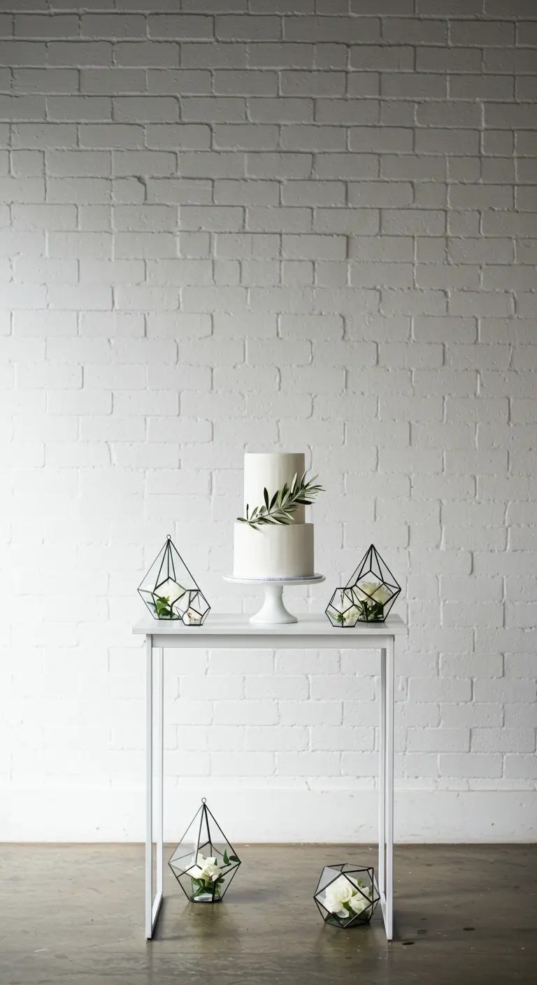 Witte bruidstaart op minimalistische tafel met geometrische terrariums ernaast.