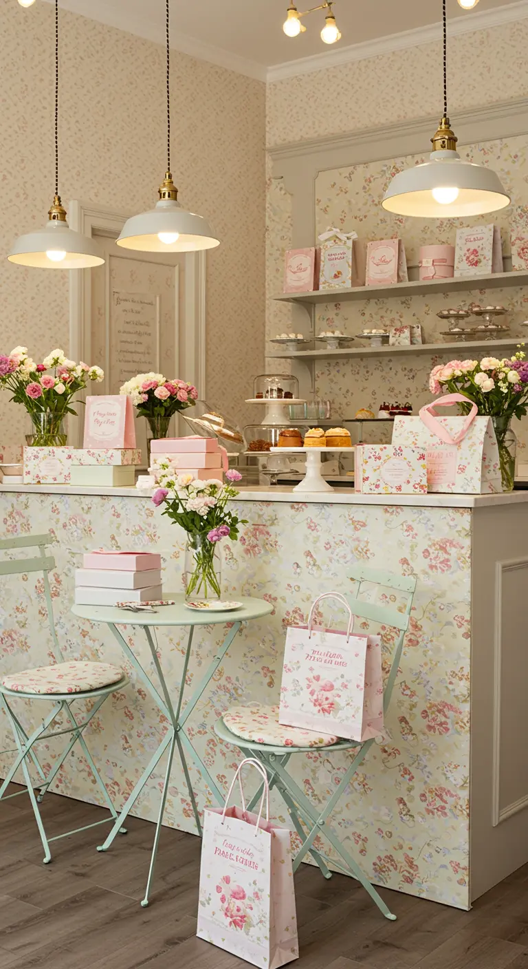 Lichte winkel/café met bloemenprint behang, pastelkleurige meubels en veel verse bloemen.