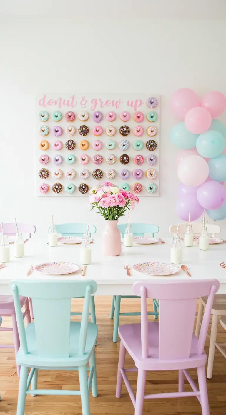 Kinderverjaardag met donut wall en pastelkleurige stoelen.