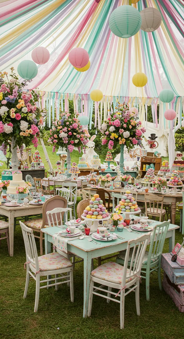Pastelkleurige bruiloft buiten met streamers, lampionnen, macarons en mismatched stoelen.