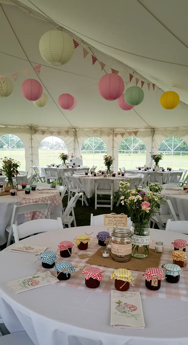 Bruiloftstafel in tent met zelfgemaakte jampotjes als bedankjes.