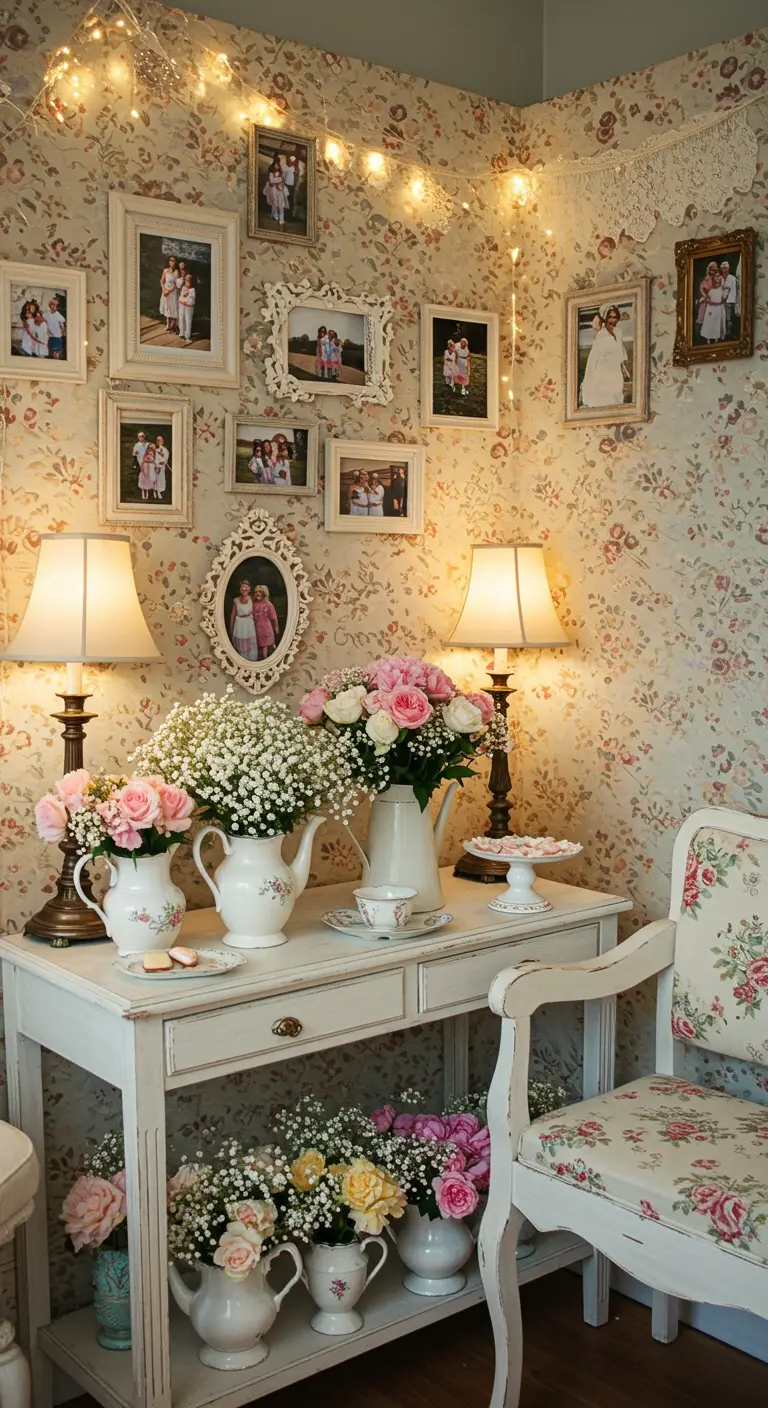 Romantische cottage-stijl verjaardagshoek met bloemetjesbehang, fotocollage, brocante tafel en bloemen.