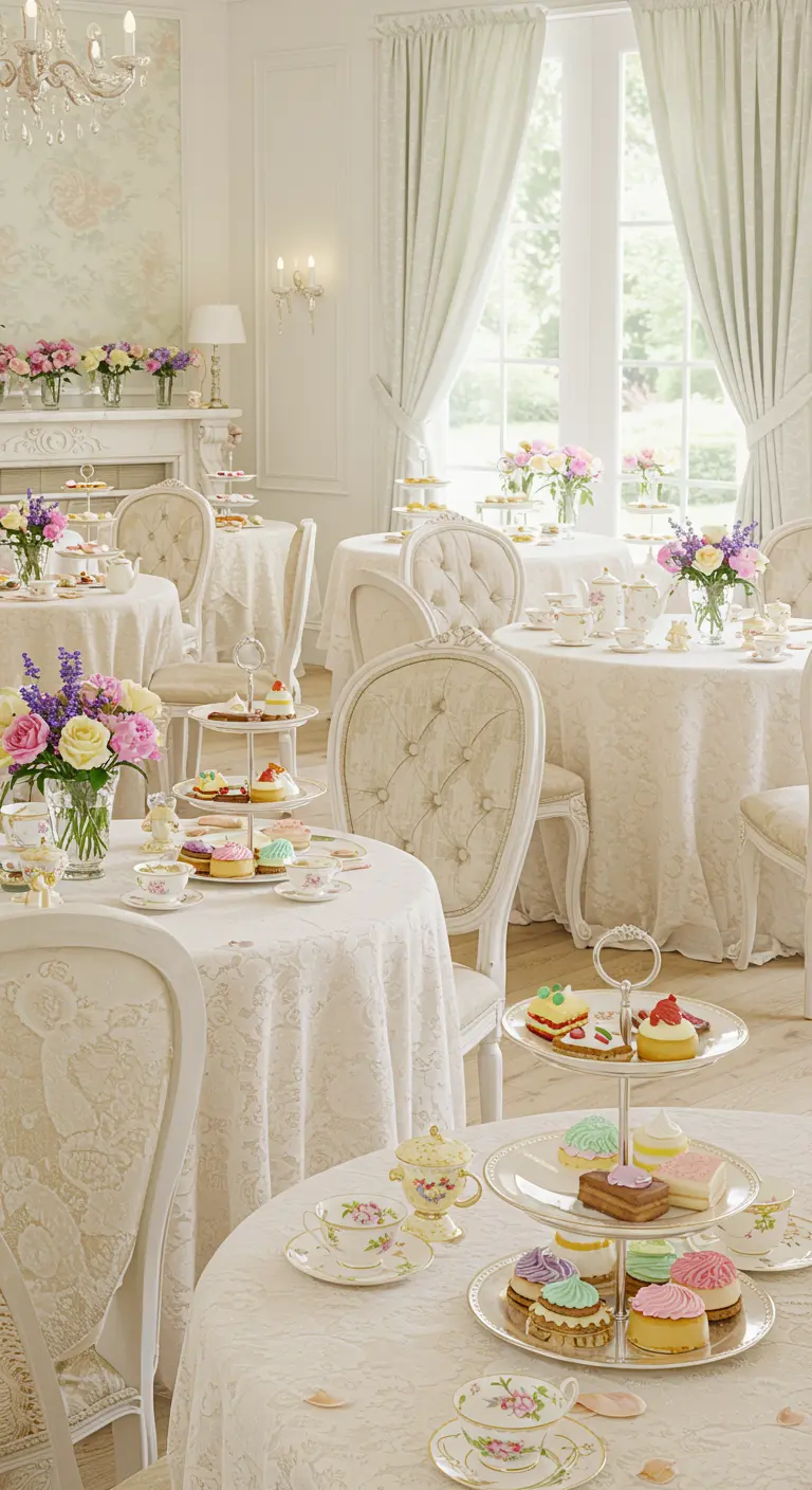 Elegante high tea setting met pastelkleurige bloemen, gebak op etagères en klassiek servies.