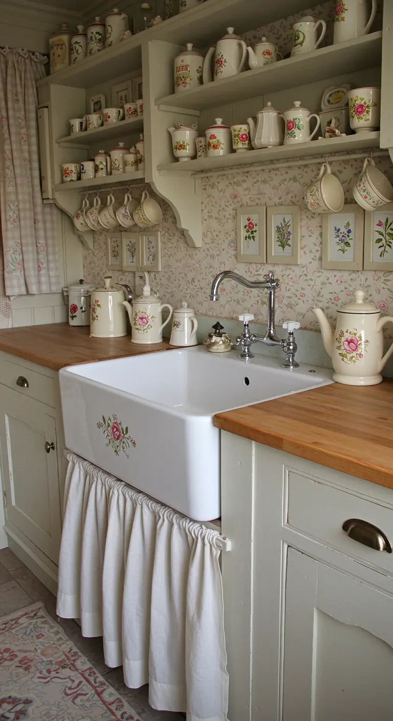 Romantische keuken met witte spoelbak met bloemmotief en een gordijntje eronder.