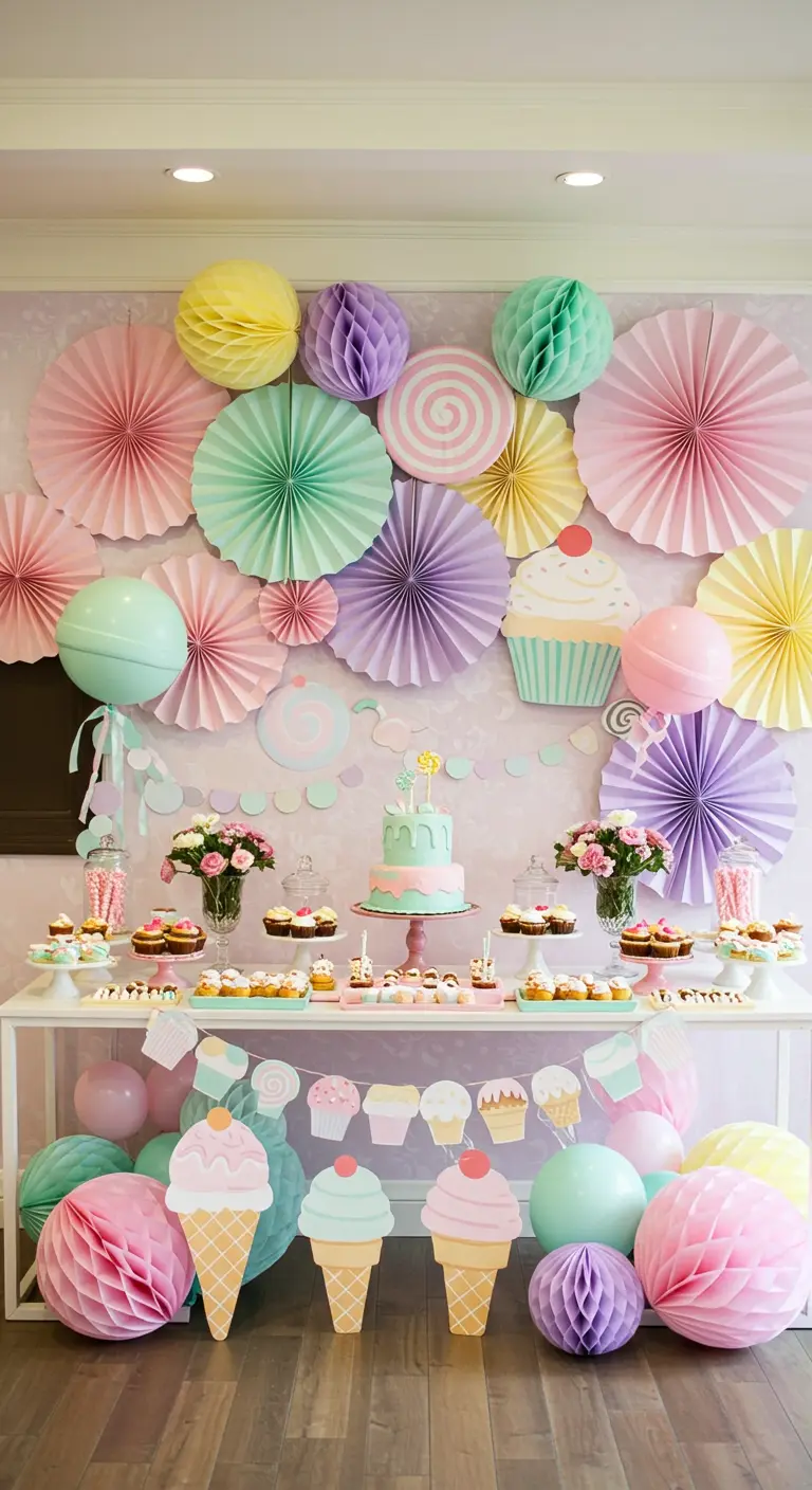 Sweet table met een achtergrond van pastelkleurige papieren waaiers en ijsjesdecoraties.