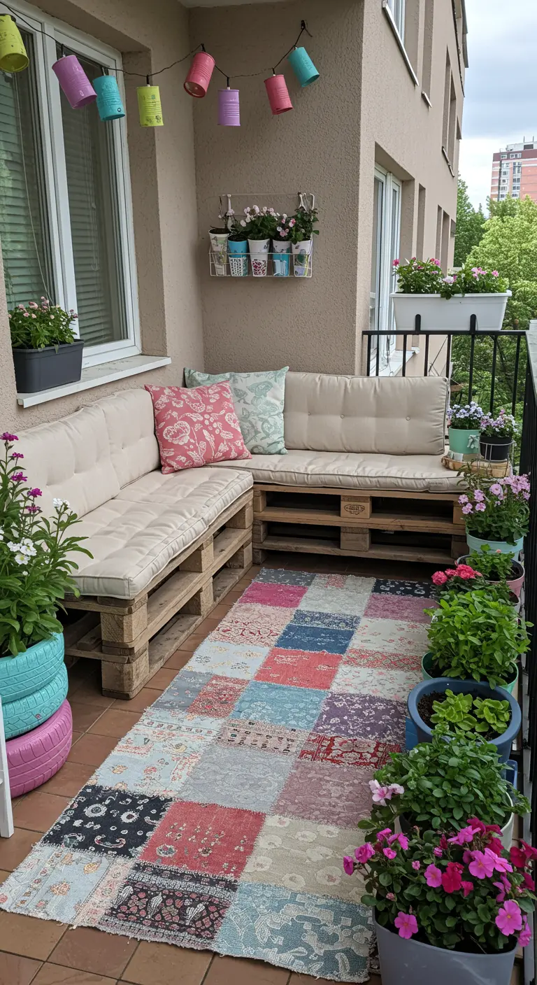 Vrolijk balkon met L-vormige palletbank, patchwork vloerkleed en pastelkleurige lampion lichtslingers.