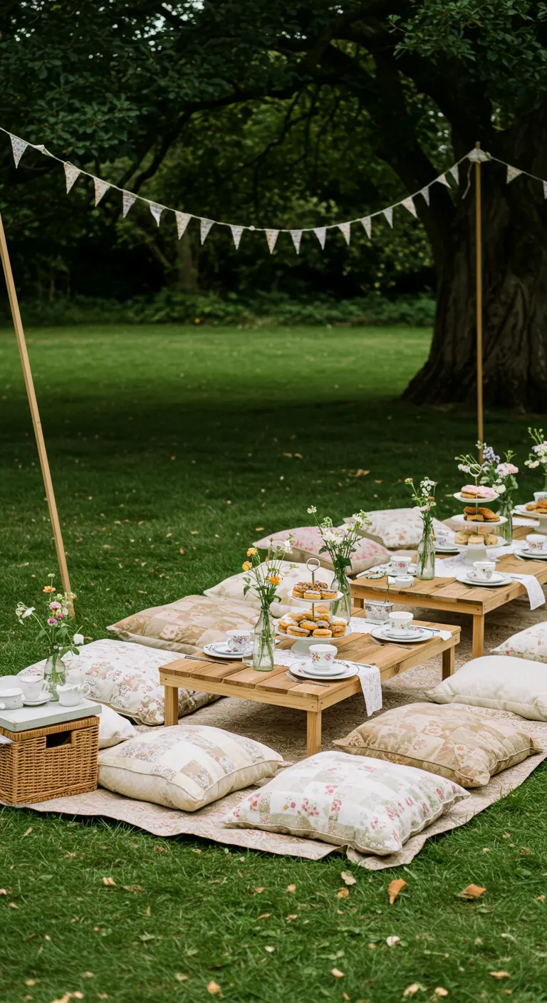 Picknick in de tuin met lage tafels, kussens en vlaggenlijn.