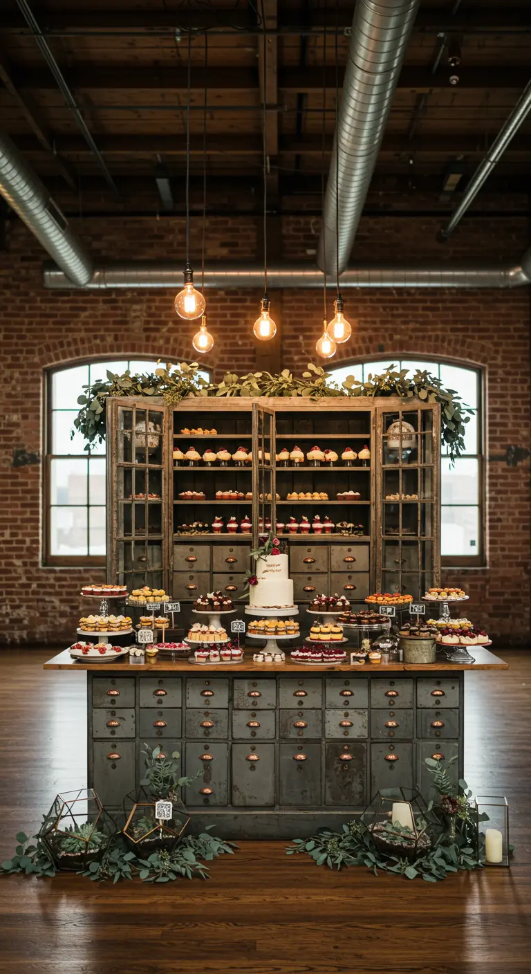 Vintage apothekerskast gevuld met cupcakes en een bruidstaart, industriële lampen erboven.