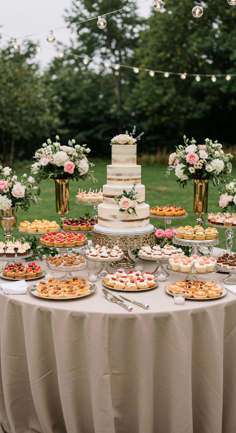 Uitbundige sweet table met bruidstaart en diverse kleine gebakjes.