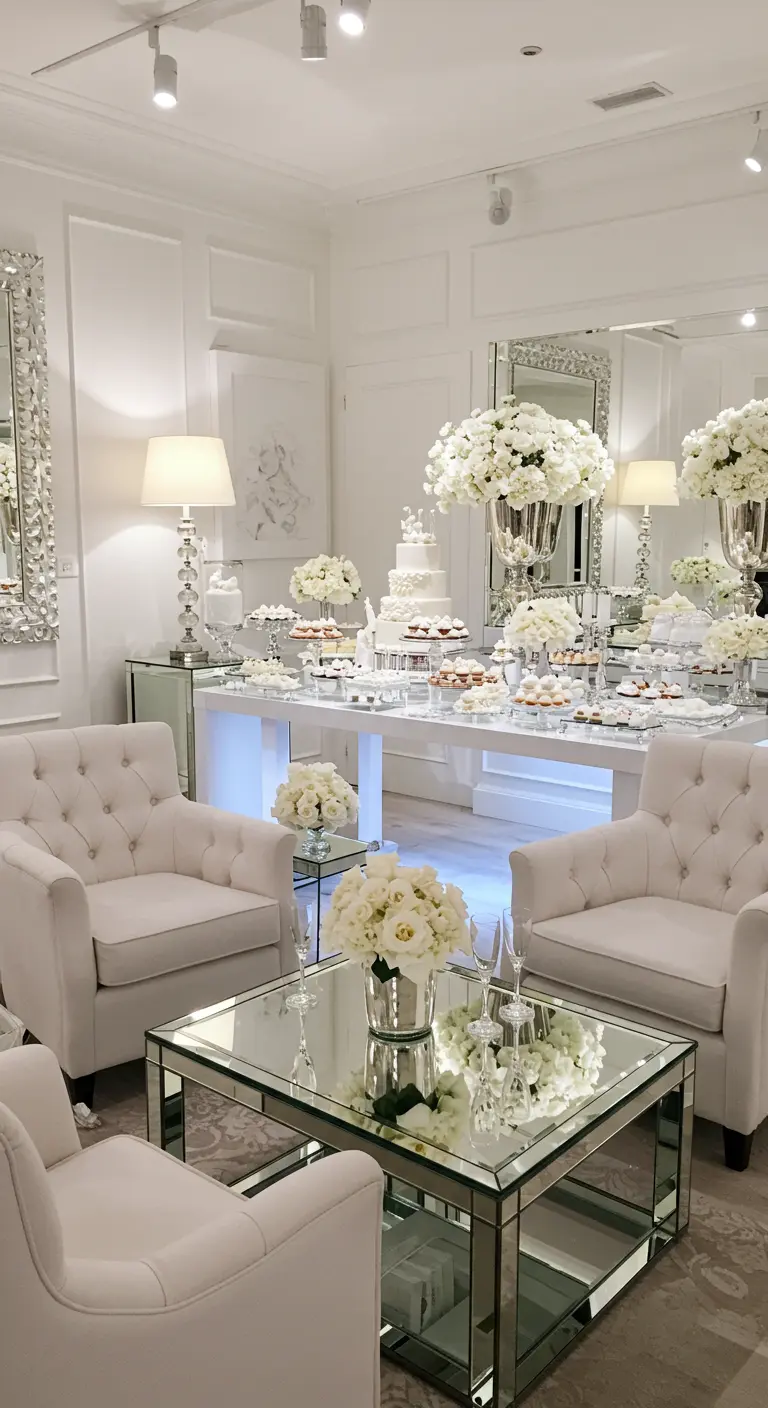 Elegante witte desserttafel met klassieke lampen, spiegels en witte bloemen.