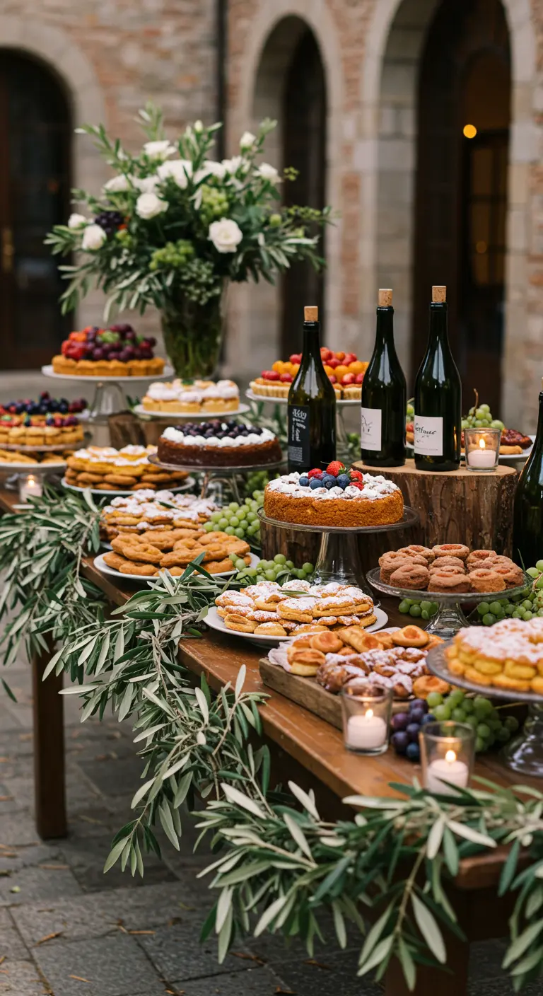 Desserttafel met cakes, fruit, olijftakken en wijnflessen.