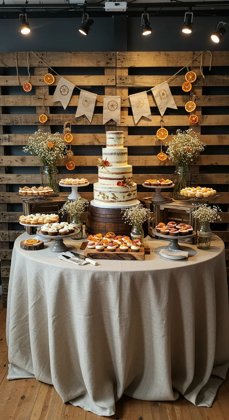 Desserttafel met linnen kleed, bruidstaart en droogbloemen decoratie.