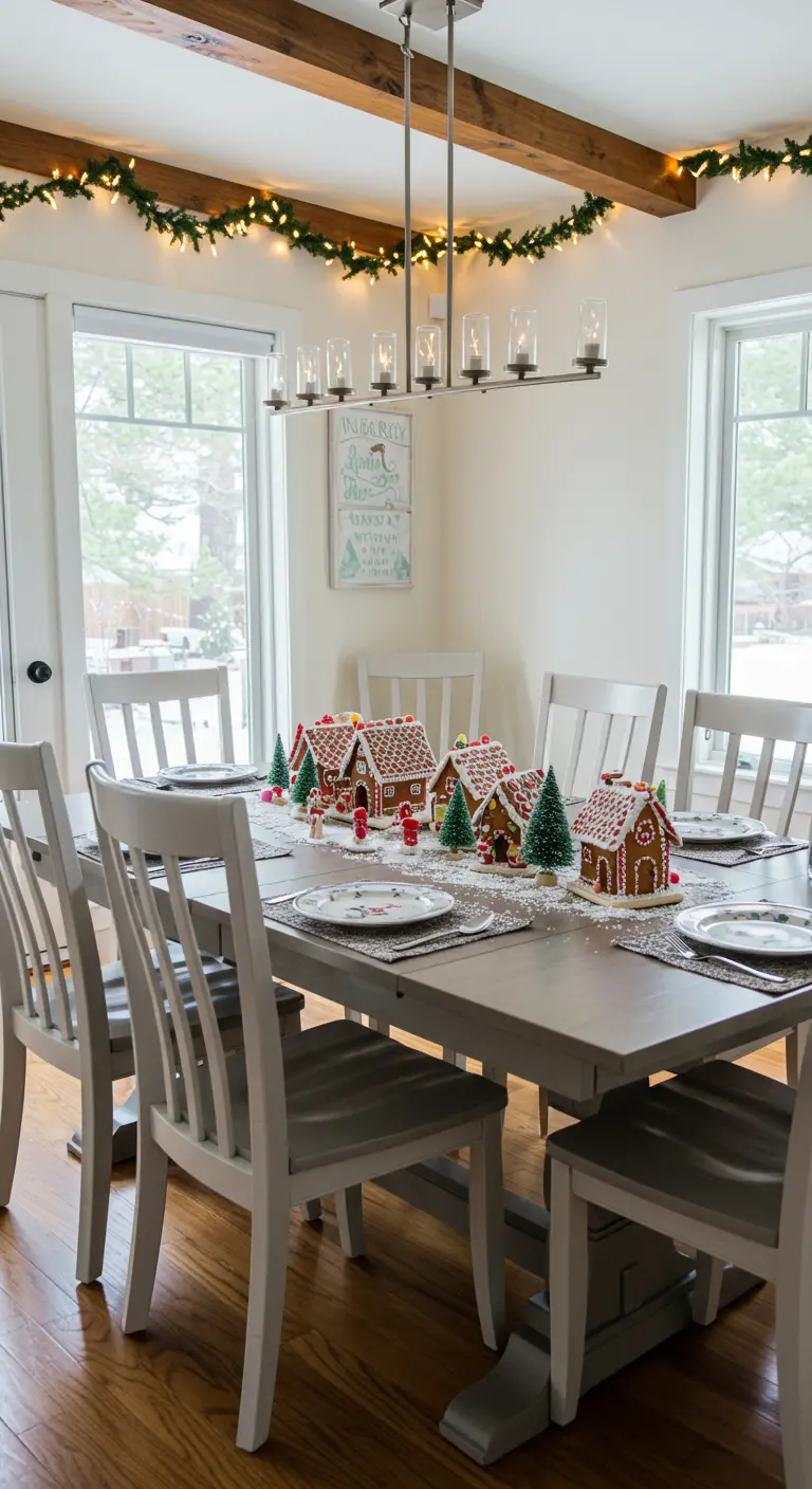 Witte eettafel met een loper, peperkoekhuisjes, kerstboompjes en lichtjes voor winterdecoratie.