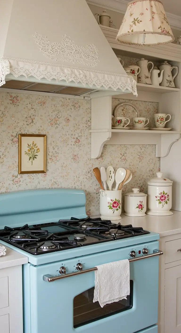 Lichtblauwe retro oven met bloemetjesbehang en kanten details aan de afzuigkap.
