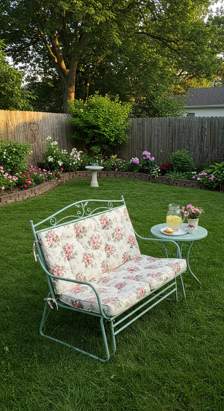 Mintgroene metalen schommelbank met bloemenkussens in een tuin met een tafeltje limonade.