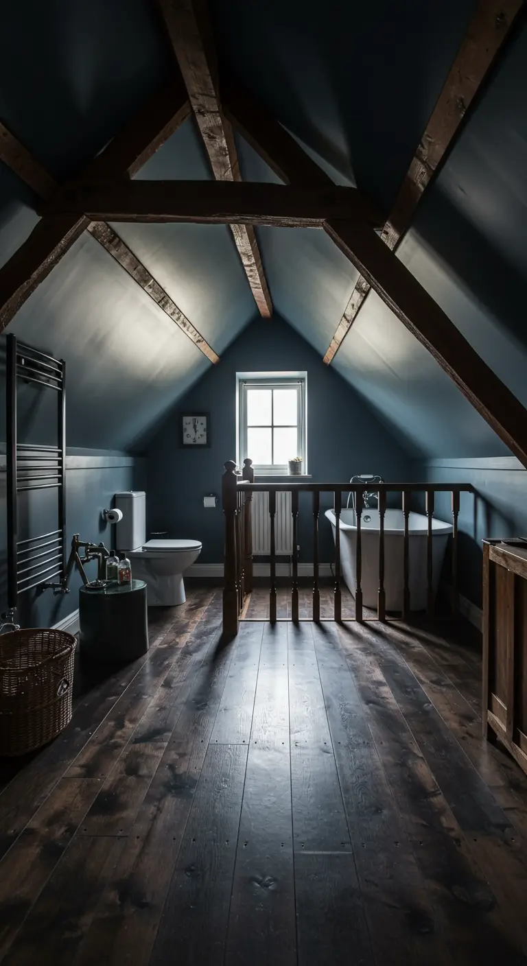 Zolderbadkamer met zichtbare houten balken, donkere muren en vrijstaand bad.