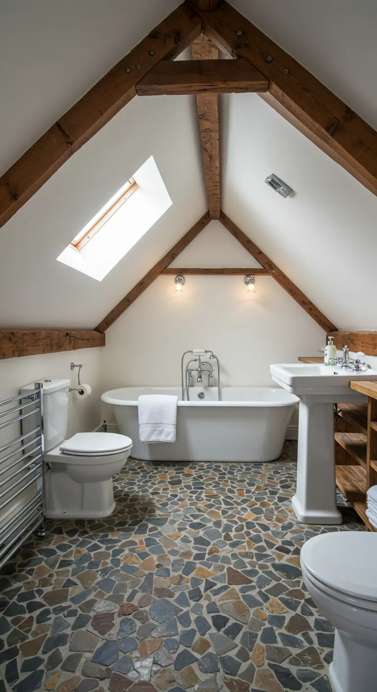 Zolderbadkamer met flagstone vloer, houten balken en vrijstaand bad.