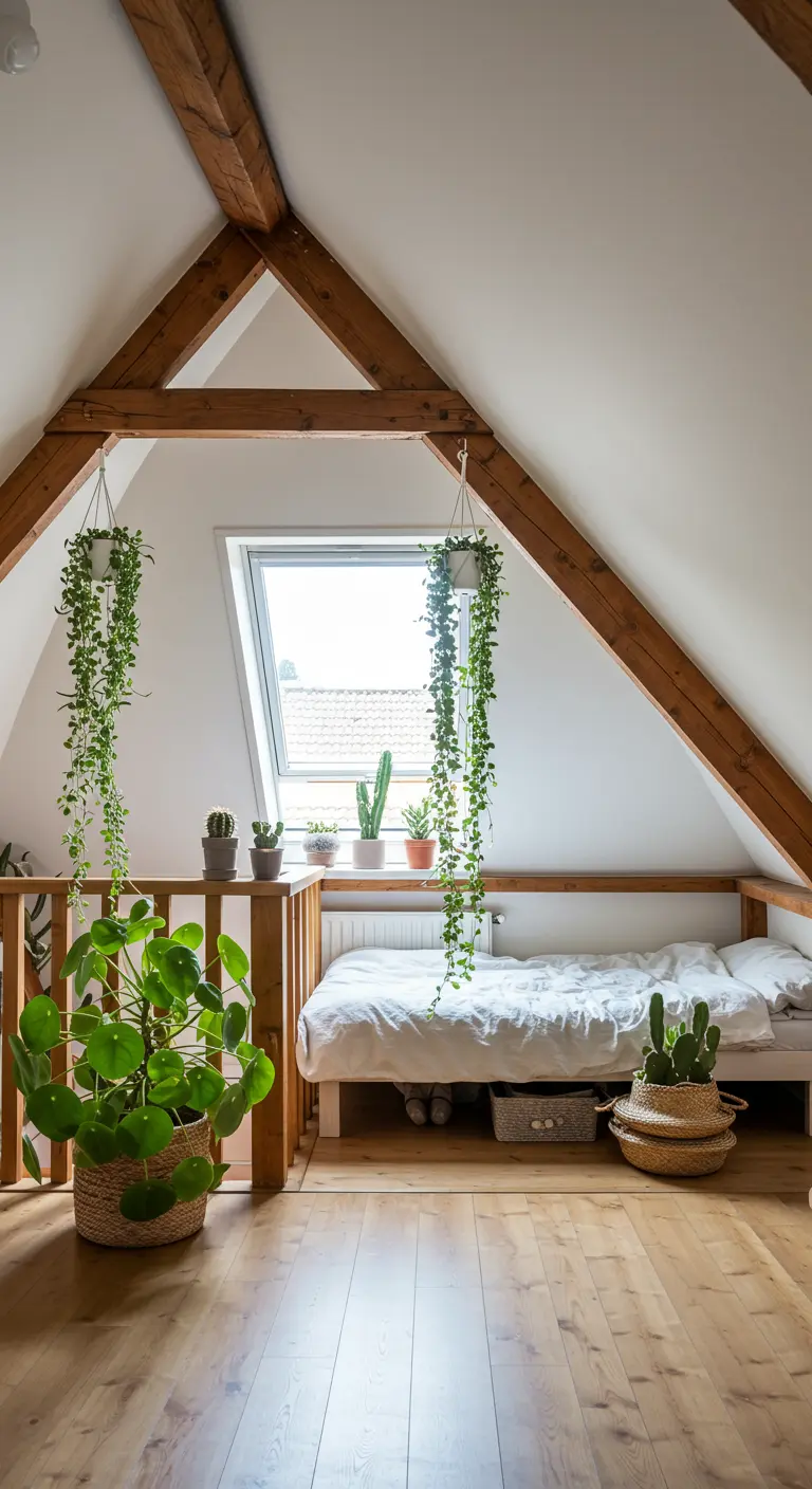 Sfeervolle zolderkamer met houten balken, hangplanten en een Pannenkoekplant.