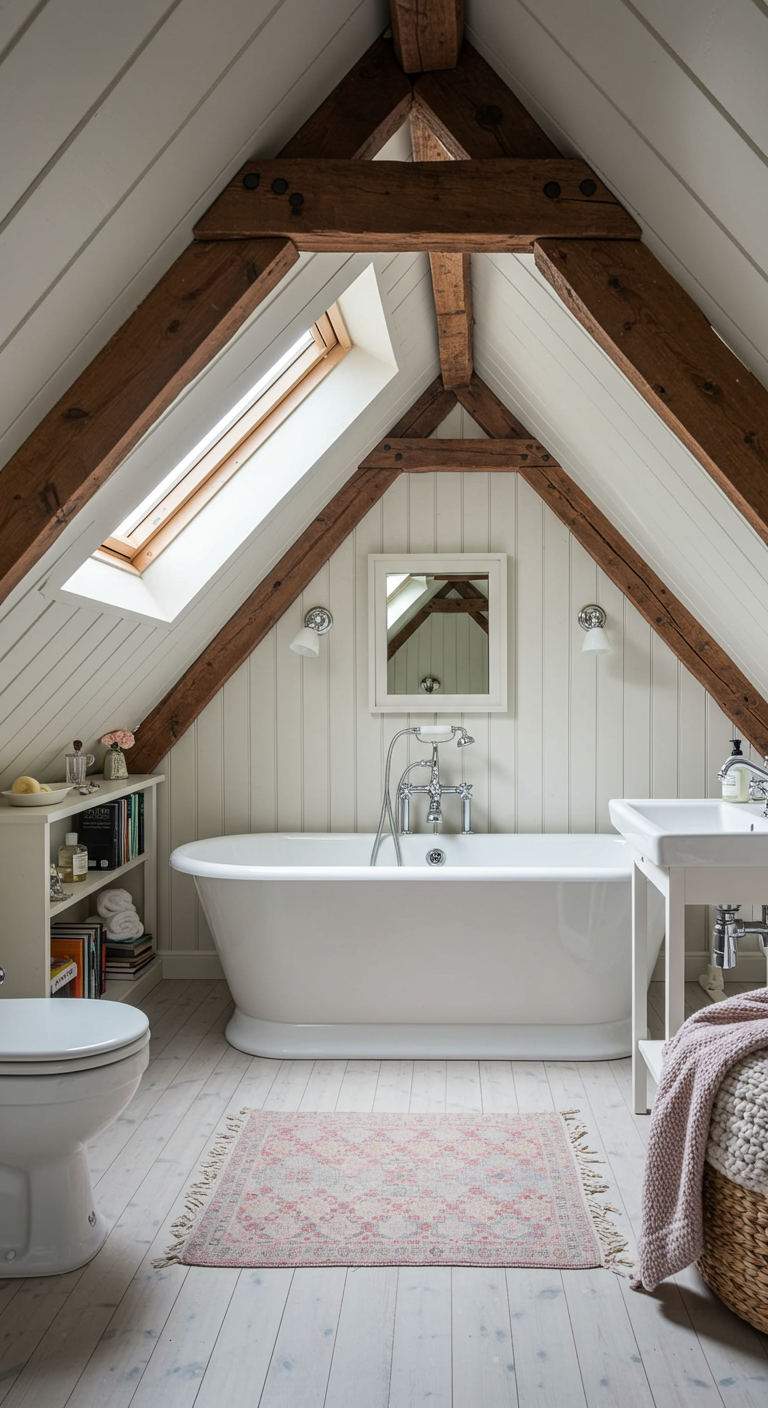 Wit vrijstaand bad in een zolderbadkamer met witte houten lambrisering en zichtbare houten balken.