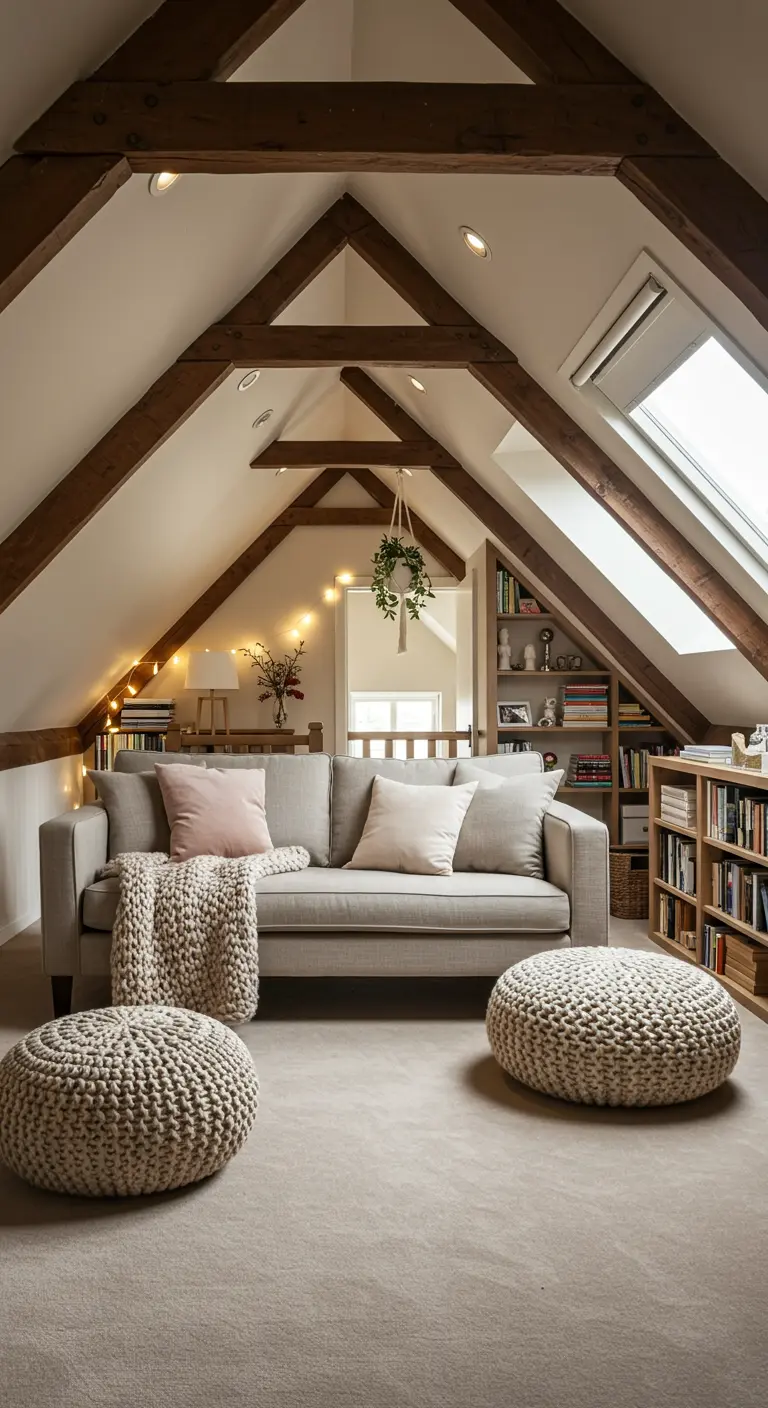 Knusse zolderwoonkamer met zichtbare houten balken, lichte bank en gebreide poefs.