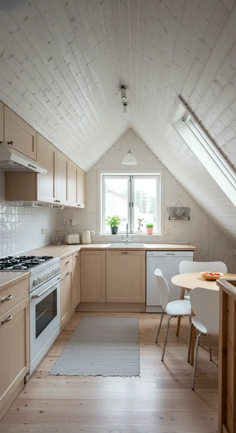 Scandinavische keuken met lichte houten kasten onder een schuin wit dak.