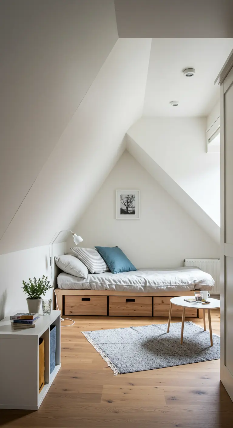 Zolderkamer met een bed met opberglades onder een schuin dak, witte muren.
