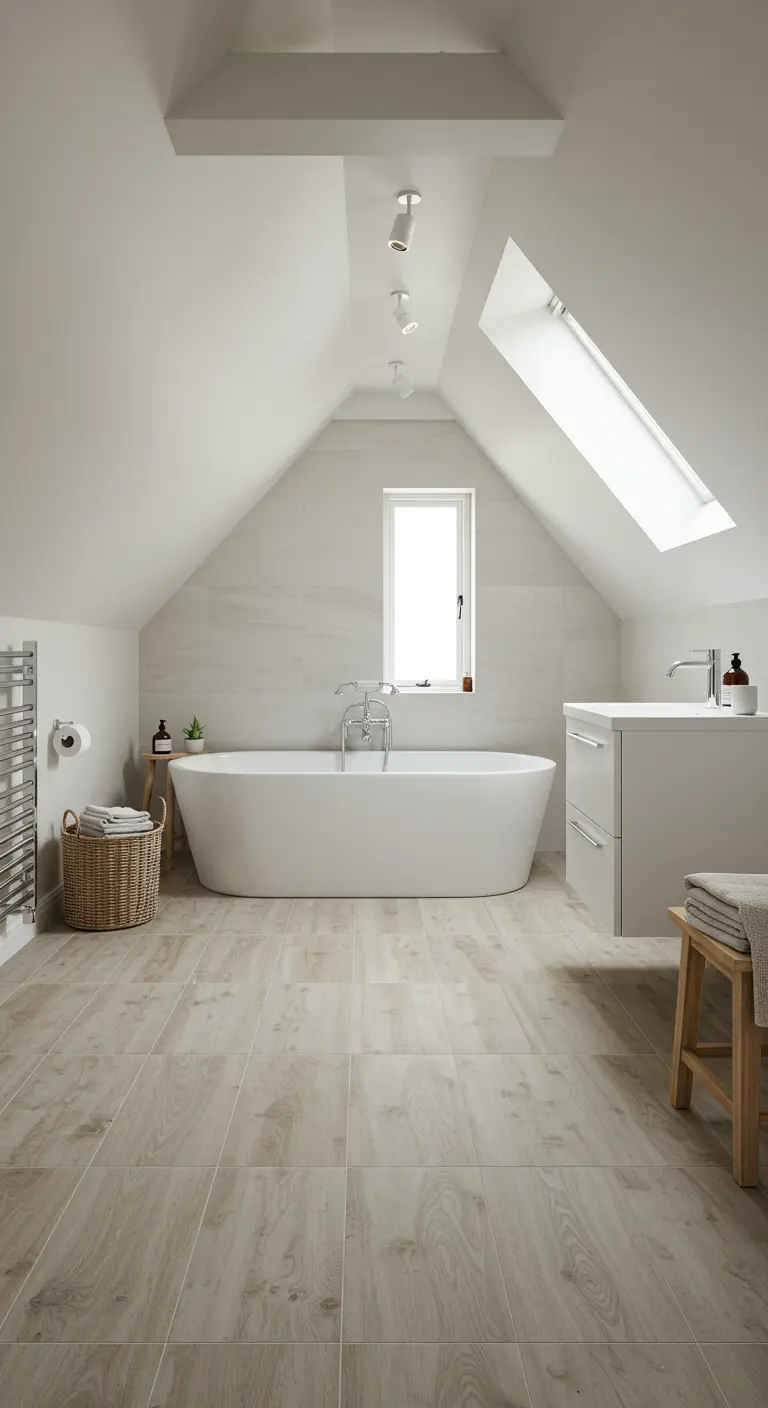 Lichte zolderbadkamer met grote houtlook tegels, vrijstaand bad onder dakraam.