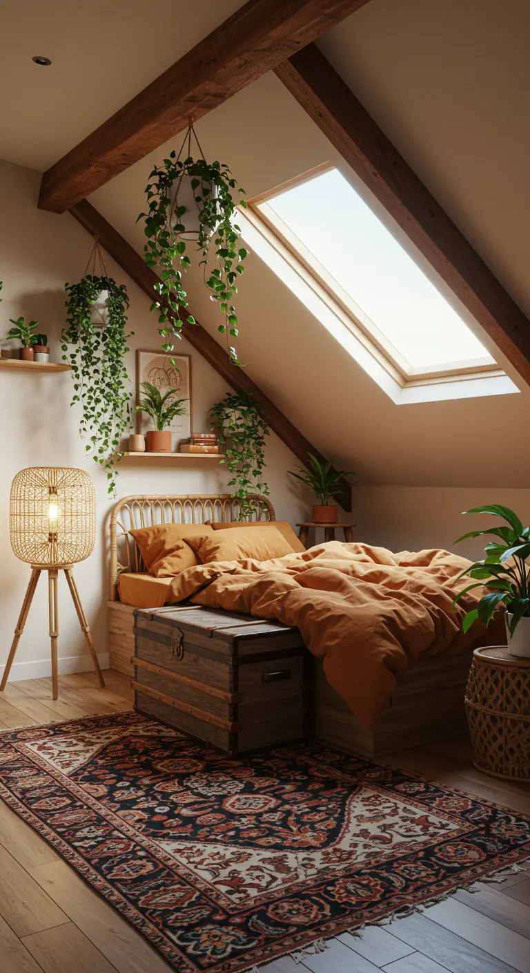 Zolderslaapkamer met houten balken, hangplanten, rotan lamp en antieke koffer.