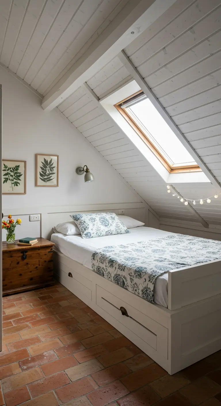 Zolderslaapkamer met schuin dak, dakraam, bed met lades en terracotta vloer.