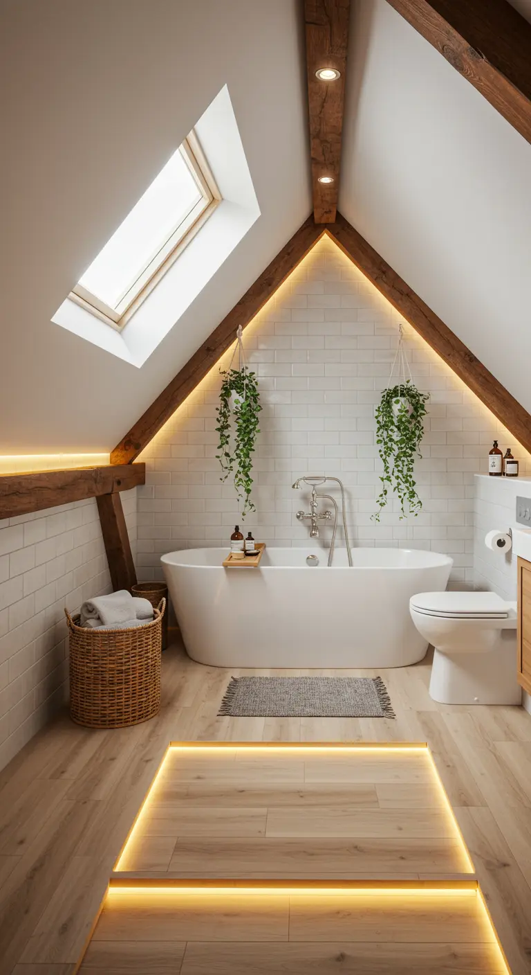 Zolderbadkamer met houten balken, LED-verlichting, vrijstaand bad en hangplanten.